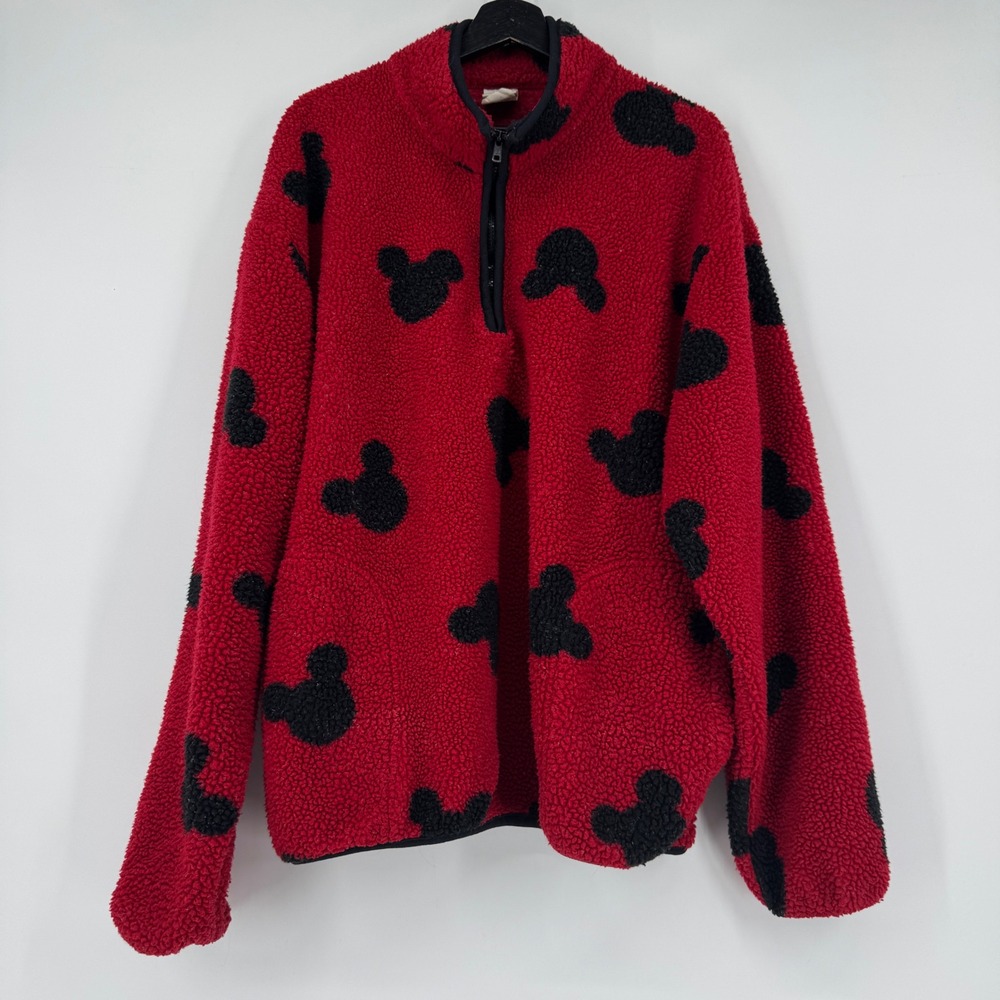 VTG The Disney Catalog Mickey Mouse Sherpa Fleece Quarter Zip Pullover Red XL